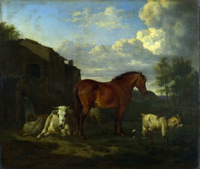 Un cheval bai, une vache, une chèvre et trois moutons près d